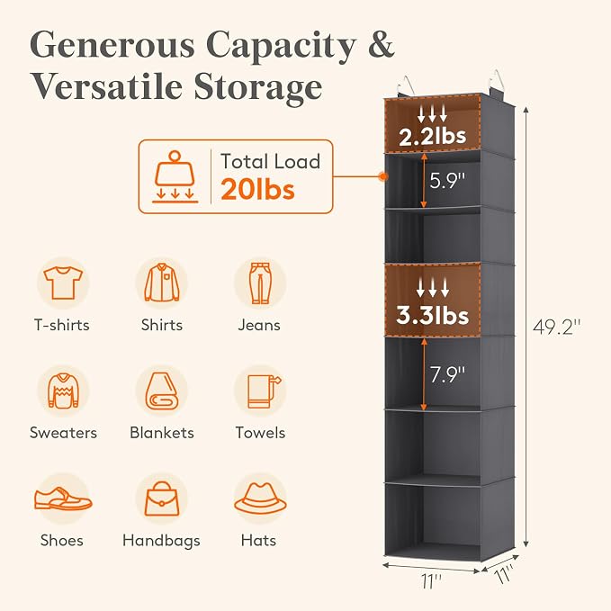 Lifewit 7 Tier Hanging Closet Organizer and Storage for Shelves, 1 Pack Foldable Clothes Shelf with 2 Sturdy Hooks, Sweater/Coat/Shoes Clothing Organization for Wardrobe, Dorm, Bedroom, Gray