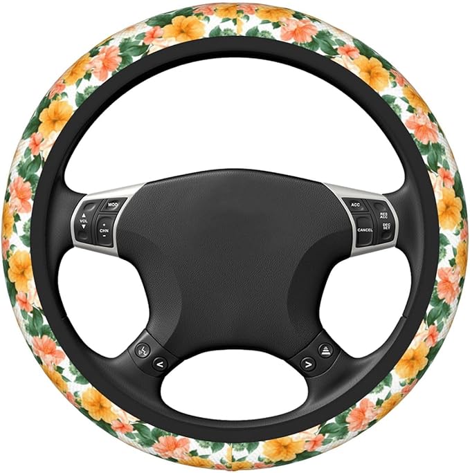 Pastel Peach Yellow Flowers Steering Wheel Cover for Women Men Girls, Accessories Decor Thickened Anti-Slip Auto Steering Wheel Covers Protector Universal Fit 15 Inch for Cars, Truck, SUV
