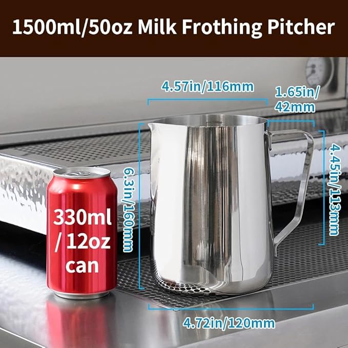 watchget Milk Frothing Pitcher 50oz/1500ml - Stainless Steel Espresso Steaming Pitcher for Cappuccino, Latte Art, Coffee Machine Accessories Milk Jug Frother Cup, Silver