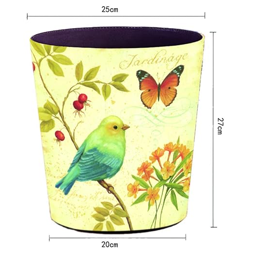 10L/2.64 Gallon Trash Can, Decorative Waste Basket, PU Leather Waste Paper Basket, Waterproof Garbage Can for Bathroom, Bedroom, Office, Kitchen and Living Room - Green Bird