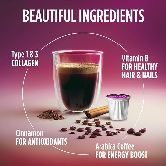 VitaCup Beauty Collagen Coffee Pods for Hair, Skin & Nails, with Biotin & Folate, Medium Dark Roast, Keto Friendly, Single Serve Pod Compatible with Keurig K-Cup Brewers,64 Ct