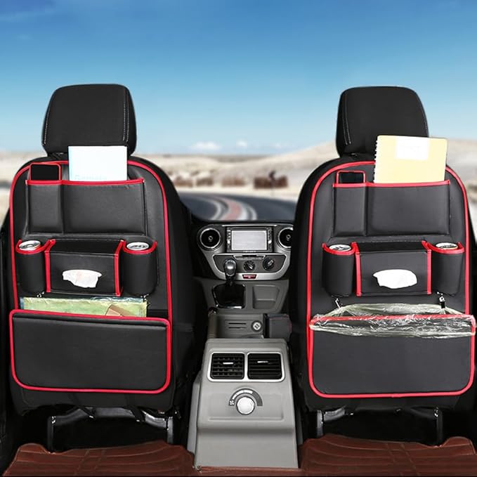 1PCS Car Backseat Organizer Seat Back Protectors Kick Mats, PU Leather Car Storage Organizer Hanging Bag with Car Tissue Holder Kids Toys Storage Car Accessories (Black Red)