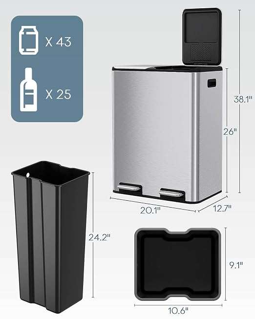 ComfyCorner 16 Gal (2 x 30 L) Dual Trash Can, Stainless Steel Kitchen Garbage Bin, Recycle Dustbin with Odor Control Box, Soft-Close Lid, Inner Buckets, Side Handle, Step Pedal, for Home Office