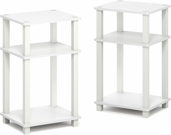 Furinno JUST Side Table Set of 2, 3-Tier Open Shelf Modern End Table, Toolless Assembly Night Stand, Bedside Table with Square Tube, for Living Room, Bedroom, White