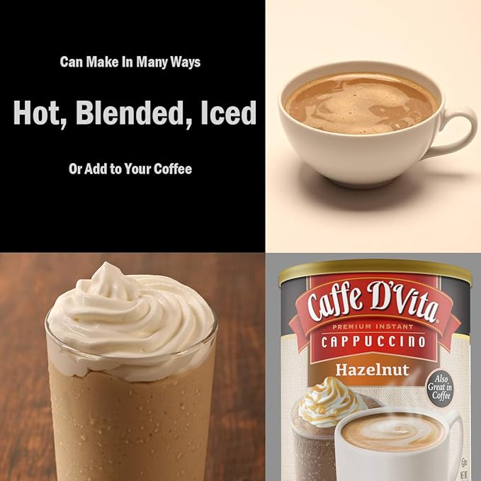 Caffe D'Vita Hazelnut Cappuccino - Instant Coffee Powder Mix, Gluten Free, No Cholesterol, No Hydrogenated Oils, No Trans Fat, 99% Caffeine Free - 16 Oz Can, 6-Pack