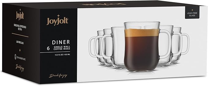 JoyJolt Glass Coffee Cups - 15.5oz Diner Mugs Set of 6. Bar Accessories, Cafe Style Clear Mug, Cappuccino, Latte, Tea Cup, Large Espresso Glasses