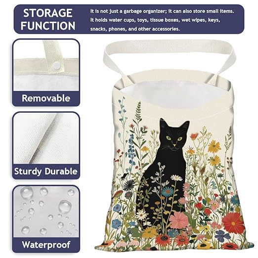 Black Cat Wildflower Print Car Trash Bag Portable Hanging Garbage Bag with Snap Buttons Back Seat Rubbish Storage Dustbin for Women Man Car Interior Accessories Kitchen Home Travel