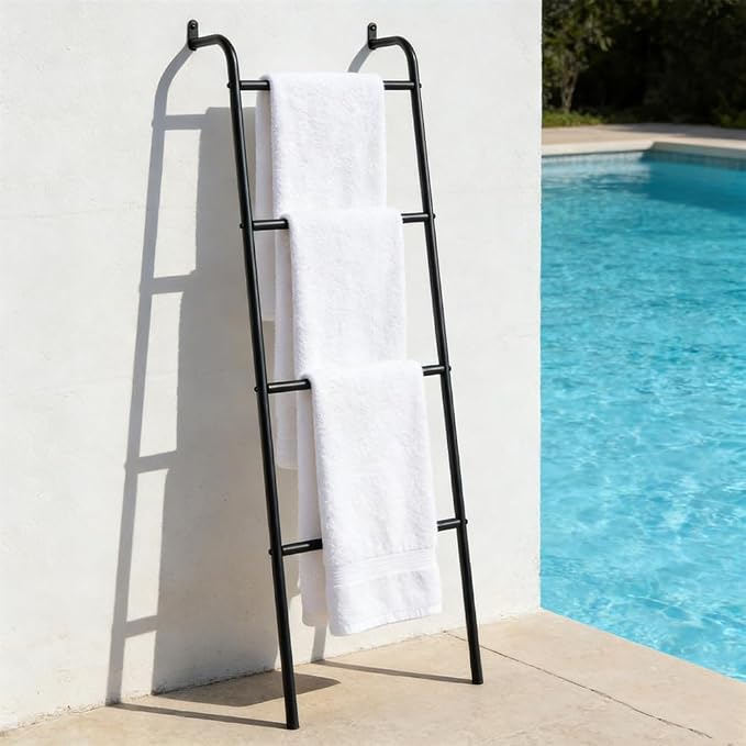 Blanket Ladder, 4 Tier Ladder Shelf 5 FT Decorative Ladder Shelf Stand, Decorative Wall Leaning Farmhouse Quilt Display Holder Dust-proof Metal Towel Rack Holder for Living Room & Bedroom (Black)