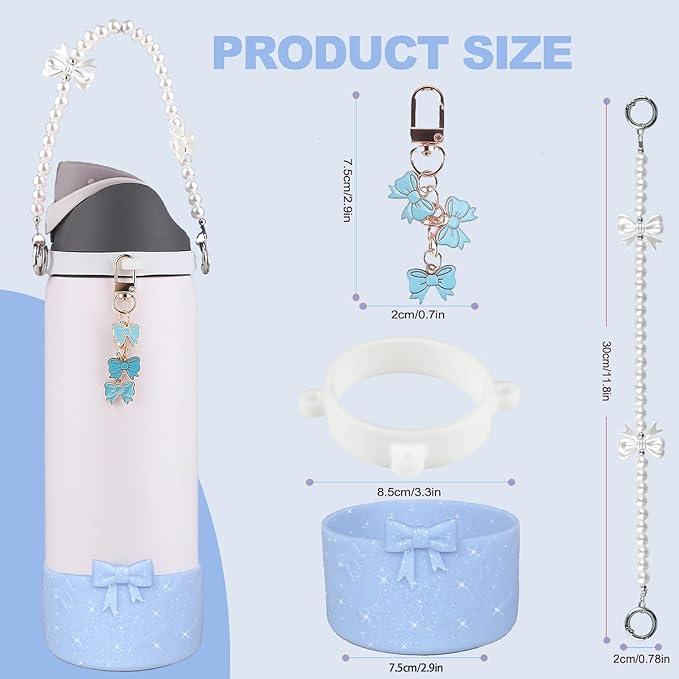 Water Bottle Accessories Set for Owala FreeSip 24oz、32 oz– Includes Pearl Handle Strap, Bow Charms,2.9in .3inch Silicone Bling Boot for Owala Accessories for Women