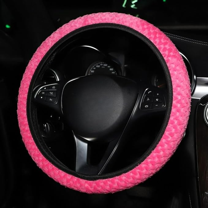 15 Inch Soft Dot Plush Steering Wheel Cover Anti-Slip Comfortable Winter Grip Universal Fit for Most Car Truck Vehicle SUV (Rose)