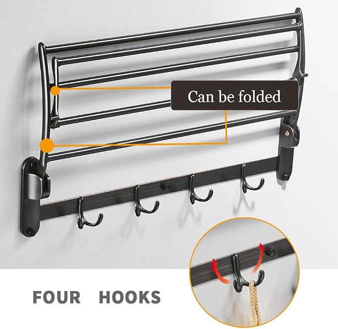 BESy 24 Inch Oil Rubbed Bronze Towel Racks, Bathroom Towel Shelf with Foldable Towel Bar Holder and Towel Hooks, Wall Mounted Multifunctional Bathroom Accessories, Double Towel Bars