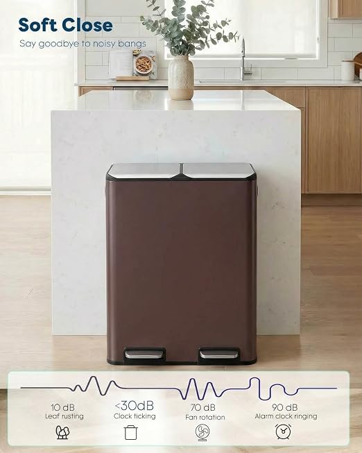 ComfyCorner 16 Gal (2 x 30 L) Dual Trash Can, Stainless Steel Kitchen Garbage Bin, Recycle Dustbin with Odor Control Box, Soft-Close Lid, Inner Buckets, Side Handle, Step Pedal, for Home Office