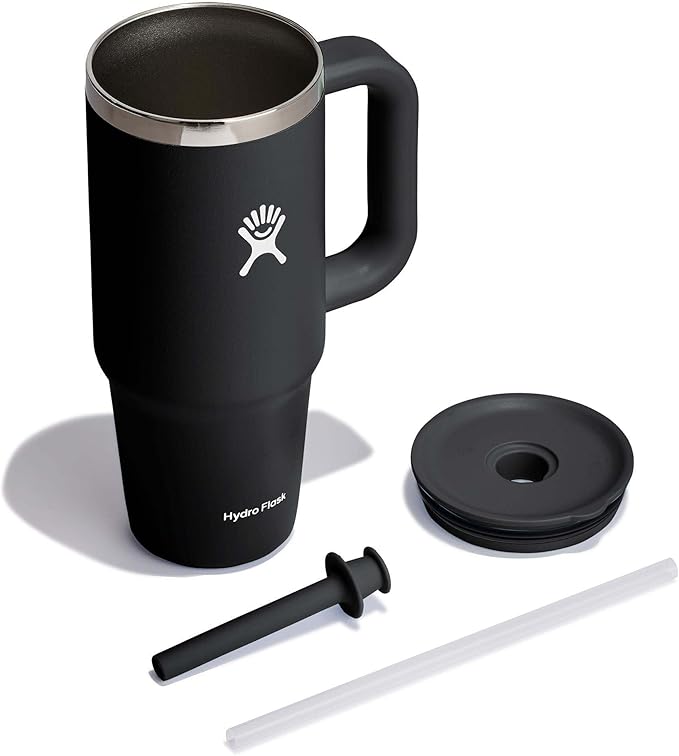 Hydro Flask Travel Tumbler with Handle, Lid and Straw - Insulated Stainless Steel in 24 Oz Black