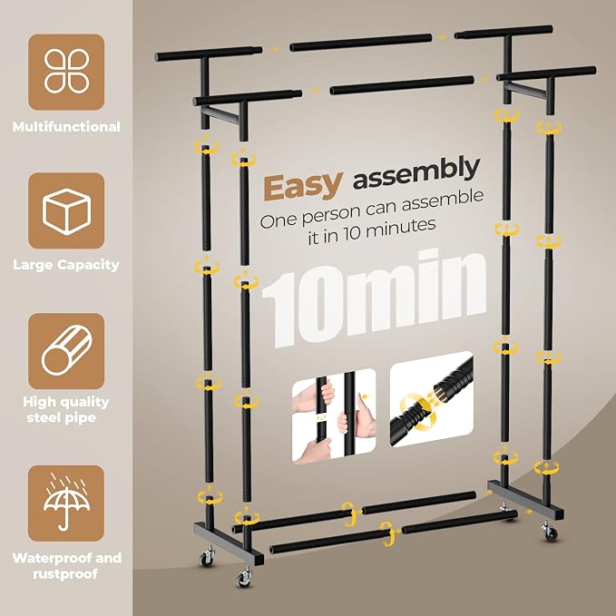 Abiglifty Double Rods Clothes Rack for Hanging Clothes, Clothing Rack with Wheels, Portable Closet Organizer for Laundry, Room (Black