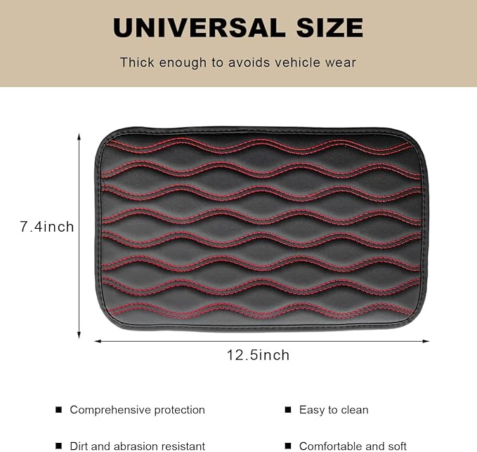 Car Center Console Pad, Waterproof Leather Armrest Seat Box Cover Protector, Non-Slip Middle Console Cushion Pad Interior Decor Fits Most Vehicles, Car Accessories (Black & Red)