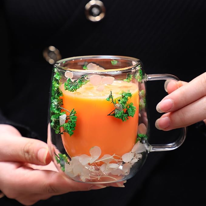 Dried Flowers Insulated Glass Double Wall Coffee Mug With Handle 250ml/390ml Transparent Double Glases Flower Tea Cup Latte Coffee Cup Borosilicate Glass Tea Mug