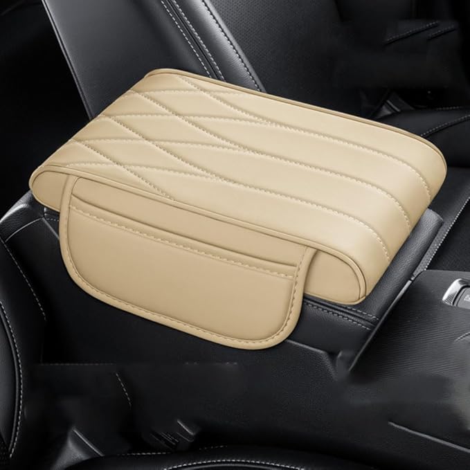 Car Center Console Cover for Ford Bronco Badlands/Sasquatch 2021-2025, Leather Armrest Pad Comfortable Waterproof Arm Rest Box Cushion Protector with Storage Bag,Normal-D/Beige