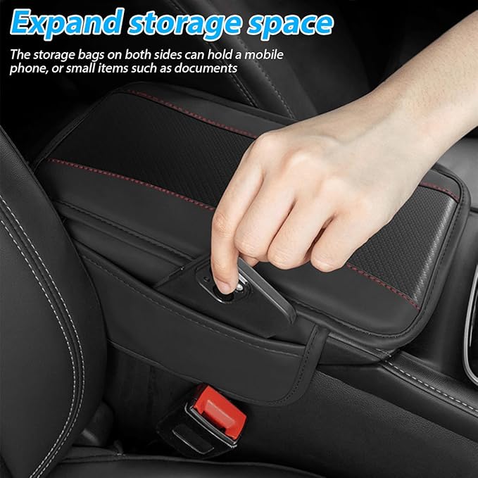 Mandark Car Center Console Cover with 2 Storage Bags, Auto Interior Arm Rest Storage Box Pad Accessories, Carbon Fiber Leather Vehicle Armrest Cushion, Universal for SUV, Truck, RV (Black)