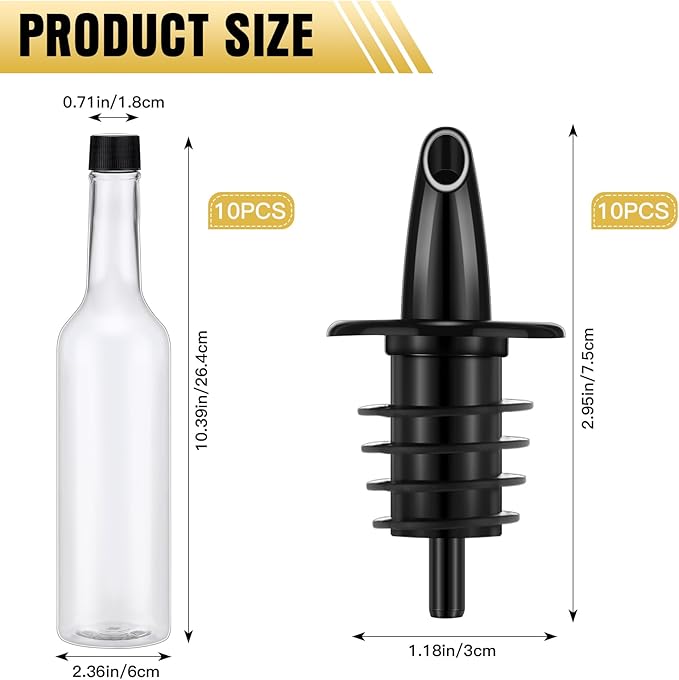 Tioncy 10 Sets 15oz Plastic Liquor Bottles with Pourers Sets 10 Plastic Long Neck Syrup Bottles with Pourer and Caps Reusable Leakproof for Home Party Bar(Black)