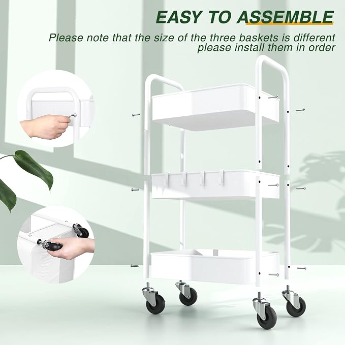 LEHOM 3 Tier Rolling Cart, Metal Rolling Utility Cart with Lockable Wheels & Hooks, Multi-Functional Heavy Duty Storage Cart Organizer for Bathroom, Kitchen, Office, Living Room