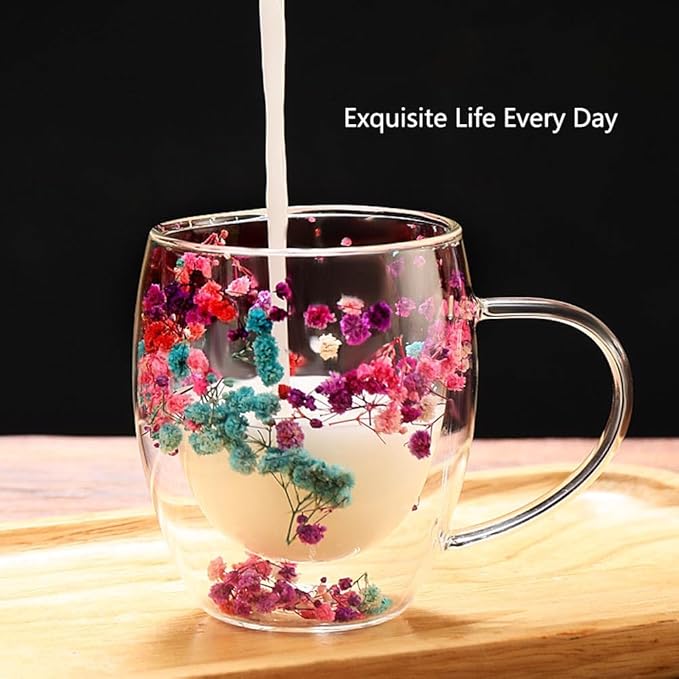 Double Wall Glass Coffee Mugs, 12 oz Clear Floral Insulated Glass Cups with Handle, Hand Blown Borosilicate Coffee Mug for Espresso, Cappuccino, Latte, Tea & Hot Beverages (Pink)