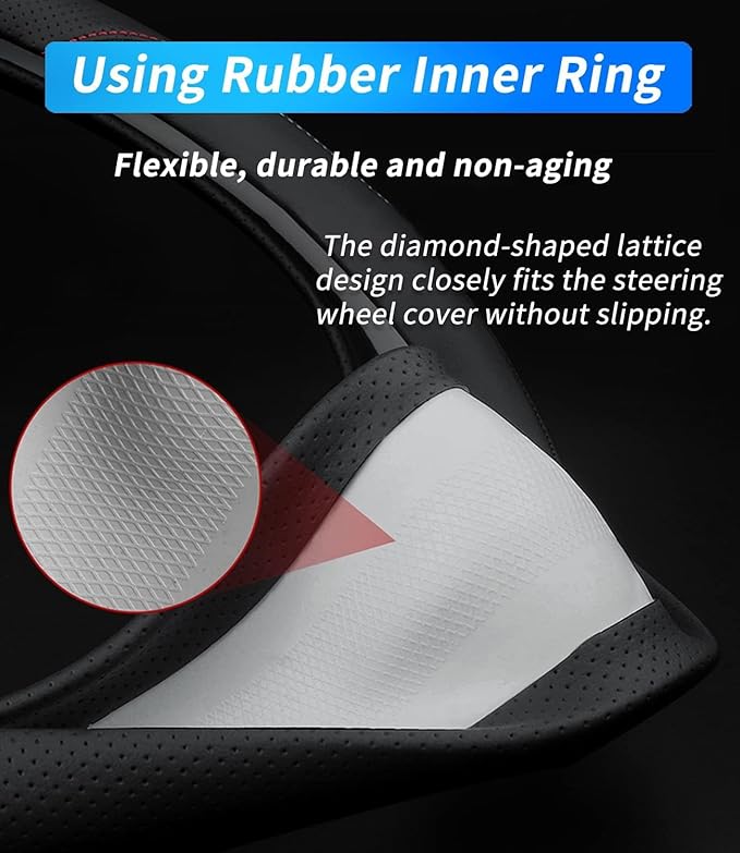 Nappa Premium Leather Steering Wheel Cover, Non-Slip, Breathable, Universal 14.5-15 inch Car Steering Wheel Protector for Women Men, Anti-Slip, Black