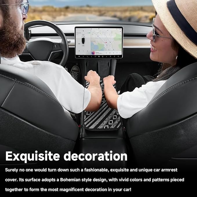 Bohemian Universal Armrest Cover Pad, Car Center Console Cushion, Boho Ethnic Style Auto Armrest Decorative Pad with Elastic Straps, Car Arm Rest Cover Protector for Vehicles (Armrest Cover-B)