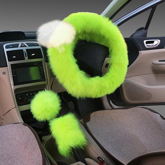 15inches Universal Leather Car Steering Wheel Cover Car Accessories Colorful Fuzzy Steering Wheel Cover Gear Shift Cover Handbrake Cover (neon Green)