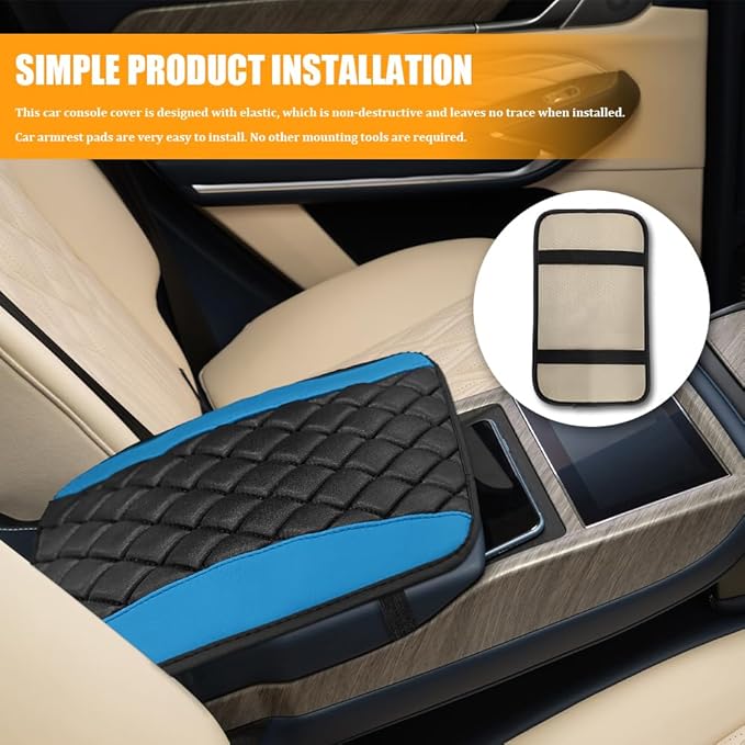Car Center Console Cover, Leather Waterproof Armrest Seat Box Cushion Pad, Universal Decor Protector Mat, Comfortable Car Decor Accessories Fit for Most Cars, Vehicles, SUVs (Blue)