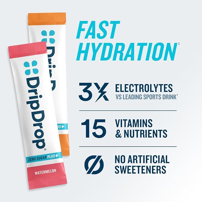 DripDrop Zero Sugar Plus - Sugar Free Hydration Packets- Single Serve Electrolytes Powder Drink Mix - Raspberry Lemonade, Watermelon, Tangerine, Tropical Punch - Non-GMO, Gluten Free, Vegan- 16 Sticks