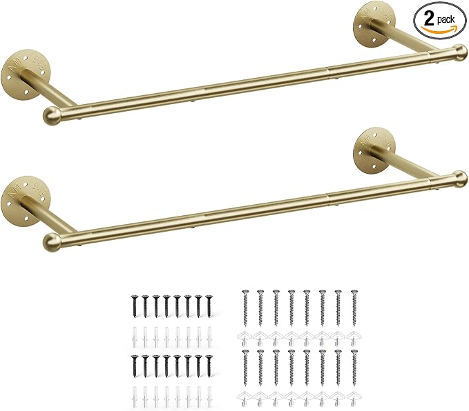 OROPY Industrial Pipe Clothing Rack Set of 2, Wall Mounted Clothes Rack, Closet Rods For Hanging Clothes, 33" Multi-purpose Hanging Rod for Laundry Room, Bedroom and Closet Storage, Gold