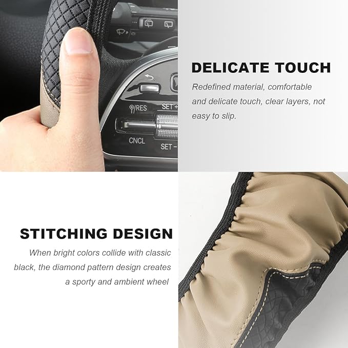 Car Steering Wheel Cover, 15 Inch Carbon Fiber Elastic Vehicle Steering Wheel Protector, Breathable Leather Auto Wheel Covers for Women Men, Interior Car Accessories (Beige, AD)