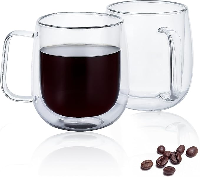2 Pack 12 oz Double Walled Glass Coffee Mugs with handle, Thermal Insulted No Condensation Coffee & Tea Cups, Clear Mugs for Americano, Latte, Espresso, Cappuccinos Beverage