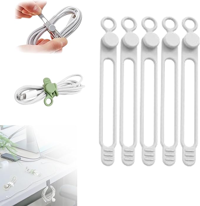 Silicone Cable Ties, Data Cable Organizer, Reusable Cable Management, Multipurpose Elastic Cord Organizer, White, 5Pack