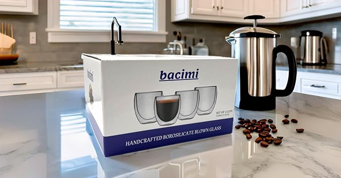 Bacimi® Double Wall Insulated Coffee Mugs (Set of 4 / 5oz) - Clear Borosilicate Cups - Thermal Drinking Cups for Espresso, Cappuccino, Latte, Tea, Hot Beverage, Wine - Microwave Safe