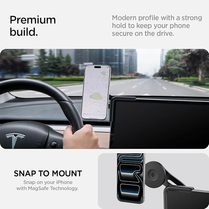 Spigen TapLock Adhesive-Free MagSafe Tesla Phone Mount for Model Y Juniper 2025/26 & Model 3/Y/S/X - for iPhones with MagSafe & Pixelsnap [Not Compatible with Updated 16in QHD Screen]
