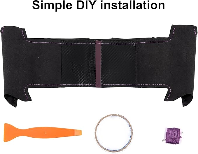 Steering Wheel Cover for Cybertruck Hand Stitching DIY Steering Wheel Cover Black with Dark Purple Center Mark (Upper Lower Carbon Fiber & Alcantara Side Grips)