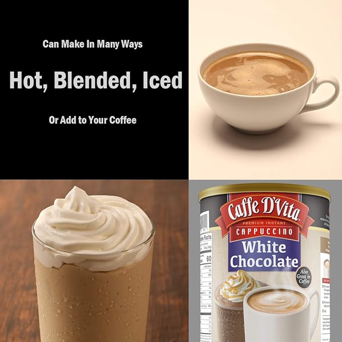 Caffe D'Vita White Chocolate Cappuccino Mix - White Chocolate Powder, Gluten Free, No Cholesterol, No Hydrogenated Oils, No Trans Fat, 99% Caffeine Free, Instant Cappuccino Mix - 3 Lb Can