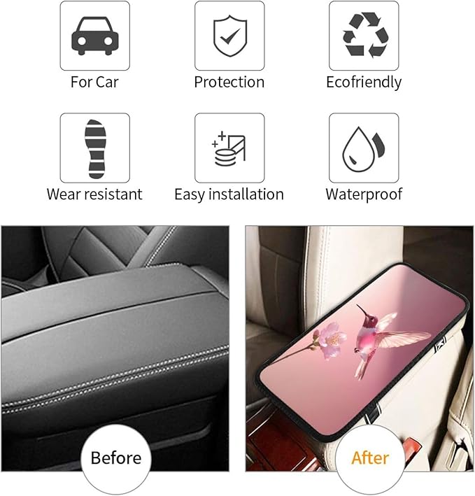Universal Car Center Console Cushion Pad, Pink Hummingbird Soft Waterproof Car Center Console Cover Auto Armrest Seat Box Cover Protector for Most Vehicle SUV Truck Car