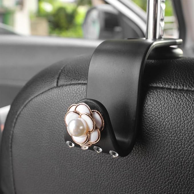 Bling Car Seat Headrest Hook, 2PCS Crystal Rhinestone Vehicle Purse Bags Holder, Diamond Automotive Interior Backseat Storage Hanger Accessories, Universal for SUV, Sedan, Truck (White)