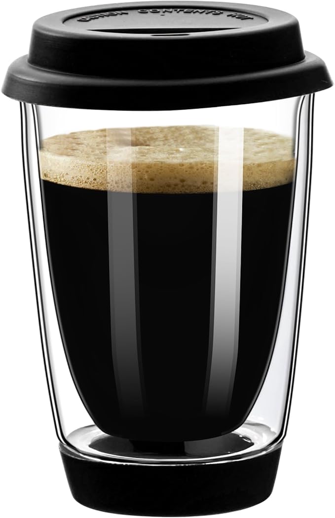 Double Walled Glass Coffee Mugs, Glass Coffee Cugs with Silicone Lid 12OZ, Insulated Coffee Mug, Clear Coffee Mug for Travel/Kitchen(Black)