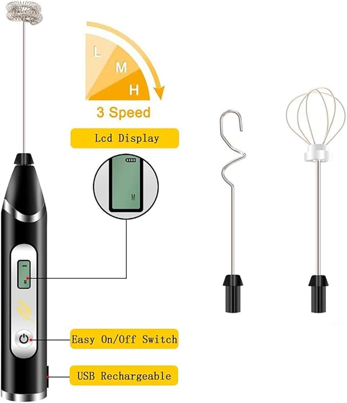 Milk Frother Handheld USB Rechargeable LCD Electric Milk Frother Adjustable 3 Speeds Hand Milk Foam Maker Mini Blender Drink Mixer for Bulletproof Coffee, Hot Chocolate, Matcha, Frappe, Egg Whisks