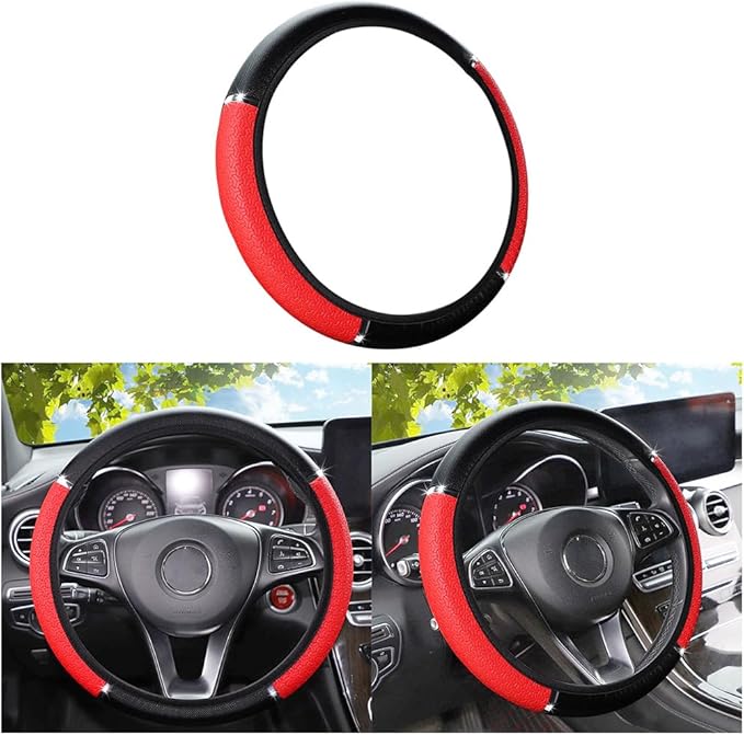 Car Steering Wheel Cover, PU Leather Elastic Vehicle Steering Wheel Protector, 14.5-15 Inches Non Slip Automotive Interior Steering Wheel Accessories, Universal Fit (Red)