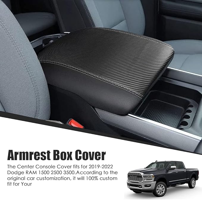 Center Console Cover Anti-Scratch Leather Armrest Pad Replace for 2019 2020 2021 2022 2023 2024 2025 Dodge RAM 1500 2500 3500 Accessories, For All Makes & Models with Bucket Seats (Carbon fiber)