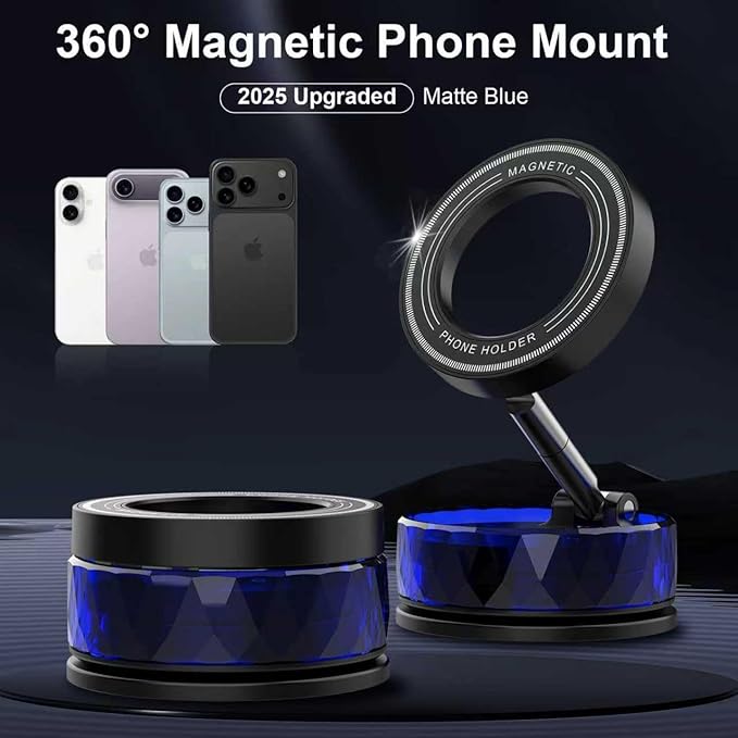 Vacuum Magnetic Phone Holder, Car Phone Mount for iPhone with Magsafe [Suction Cup/Strong Magnet/360°Adjustment/Foldable Arm] Cell Phones Holders for Car Accessories (Blue)