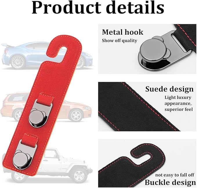 HZEL 2PCS Car Seat Headrest Hooks, Dual Hook Suede Vehicle Backseat Storage Holder for Purse Handbag Coat, Multifunctional Auto Seat Back Grocery Hanger Organizer, Universal for Vehicles (Red)