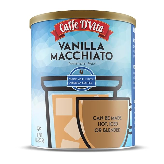 Caffe D'Vita Vanilla Macchiato - 100% Arabica Coffee Latte Mix, Instant Cappuccino Mix, Gluten Free, No Cholesterol, No Hydrogenated Oils, No Trans Fat, Kosher-Dairy, Instant Coffee Drink - 1 Lb Can