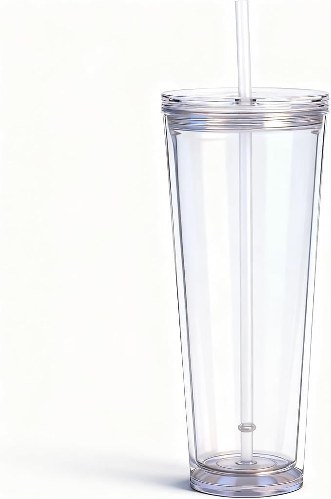 24oz Tumbler with Lid and Straw, Leak Proof and Double Wall Insulated Reusable Plastic Cups,Travel Reusable Iced Coffee Cup (1, Transparent)