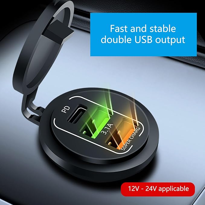 Double USB C Ports 45W High Speed Car Heavy Duty for Trucks Boats Multi Port Car Chargers with Dustproof Cover
