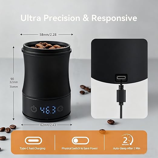 Digital Coffee Scale with Dosing Cup 2-in-1, 0.1g Precision USB-C Rechargeable Espresso Scale, IPX4 Waterproof, Multi-Purpose for 58mm Espresso Machines, Drip, French Press